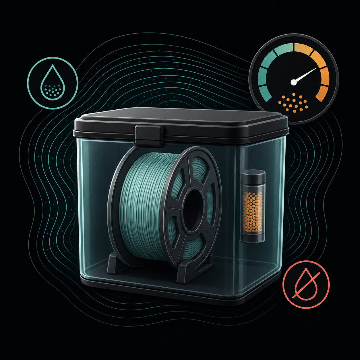 Sealed spool storage with humidity contours and desiccant indicator